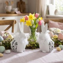 Article Lapin en Céramique Blanc Fleurs Assis Plumes 9×7×14cm 2pcs