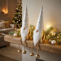 Article Figurine décorative de Noël Gnome blanc, or Ø6,5cm H22cm 2 pcs