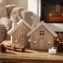 Article Maisons en bois Déco de table avec cœurs Blanc et nature 16,5cm 2pcs