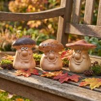 Article Figurines de champignons joyeux avec visages - différentes nuances de marron, 6,5 cm - décoration amusante pour le jardin et la maison - 3 pcs