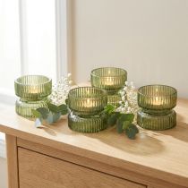 Article Porte-bougies chauffe-plat en verre décoratif, côtelé, vert, Ø9 cm, H7 cm, lot de 4