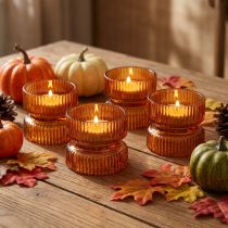 Article Porte-bougies chauffe-plat en verre côtelé, décoratif, orange, Ø9 cm, H7 cm, lot de 4