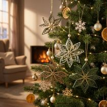 Article étoiles en papier pour sapin de Noël 10 cm blanc brun vert set de 6