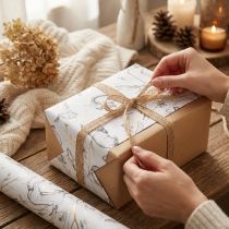 Article Papier cadeau animaux blanc gris or automne hiver 200cm