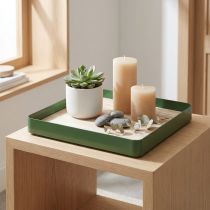 Article Plateau carré en métal Fond en bois Vert foncé 25,5×25,5cm
