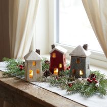 Article Décoration de l'Avent en céramique, maison crème rouge gris 8,5/9,5 cm, 3 pièces