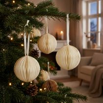 Article Boules décoratives alvéolées blanches avec bordure dorée Ø8 cm - Lot de 4