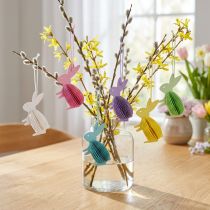 Article Lapins de Pâques en nid d'abeille debout à suspendre colorés 5×3×8cm 6pcs