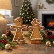 Article Décoration de Noël bonhomme et femme en pain d'épice en céramique, lot de 2 pièces de 16 cm
