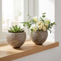 Article Bol Décoratif Pot de Fleurs Céramique Beige Marron Ø15cm 2pcs