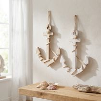 Article Ancre maritime en bois à suspendre blanc naturel 13,5×20cm 2 pcs