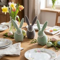 Article Décoration lapin de Pâques avec collier de perles, lapin pour salon et table de Pâques, 13 cm, lot de 3