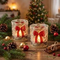 Article Photophore en verre décoré de branches de Noël et d'un ruban rouge, 8 cm, lot de 2