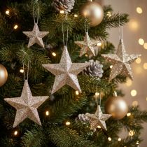 Article Étoiles décoratives pailletées champagne en plastique – Lot de 18
