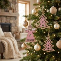 Article Set de 8 décorations en bois Noël rose et naturel 11 cm
