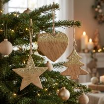 Article Lot de 3 décorations en bois Noël – Étoile, Cœur et Sapin avec paillettes dorées