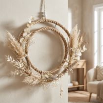 Article Double anneau décoratif, style bohème, décoration murale et de fenêtre, anneau en jute et métal, couleur argent naturel, Ø 41 cm