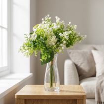 Article Bouquet décoratif de fleurs artificielles vertes et blanches, 36 cm de long, décoration florale artificielle pour table, vase et rebord de fenêtre, eucalyptus et fleurs