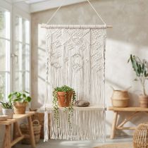 Article Suspension pour plantes en macramé style bohème, décoration à suspendre, décoration de fenêtre avec panneau suspendu fleuri, 40 x 15 cm, blanc naturel