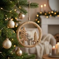 Article Décoration suspendue en bois et métal avec cerf et sapins - 19,5 cm