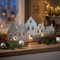 Article Décoration de Noël maisons, photophore métal argenté 25cm