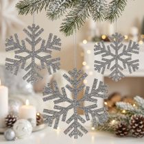 Article Flocons de neige à suspendre en bois argenté Ø8-12cm – Lot de 9