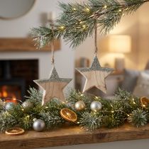 Article Set de 2 étoiles en bois naturelles avec paillettes dorées et cordelette 14,5 cm