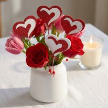 Article Cœur sur bâtonnet, rouge et blanc, cœur décoratif, décoration de Saint-Valentin, 16 pièces