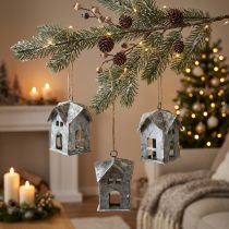 Article Décorations de Noël, maison en métal, style shabby chic, blanche, 9,5 cm de haut, lot de 3