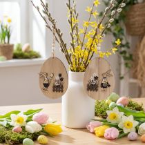 Article Œufs de Pâques à suspendre, œuf en bois avec lapin, blanc naturel, 13 cm, lot de 6
