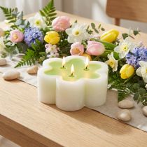 Article Bougie trois mèches vert blanc forme fleur Ø11,5cm H4cm
