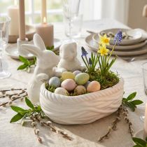 Article Lapins avec nid, décoration de table, nid de Pâques, décoration en porcelaine, bol décoratif blanc L15cm H11cm