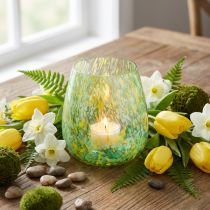 Article Photophore verre décor jaune vert motif Ø6,5cm H10cm