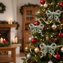 Article Nœud décoratif pour sapin de Noël de 9 cm avec paillettes vertes, lot de 12