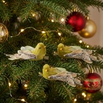 Article Oiseau décoratif de Noël à pince, vert pailleté, 12 cm, lot de 6 assortis
