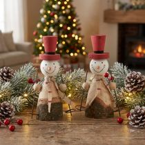 Article Adorable lot de 2 bonhommes de neige en bois avec chapeaux rouges – Décoration de table d'hiver – Naturel et rouge, 15,5 cm 2 pièces