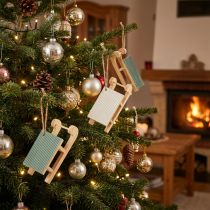 Article Lot de 6 petits traîneaux décoratifs en bois à suspendre couleur menthe et blanc, 9,5 cm