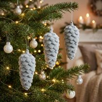 Article Pomme de pin décorative gris floconné avec cordon argenté 11,5 cm - Set de 6 pièces
