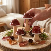 Article Champignons en bois, champignons vénéneux, décoration, bois, FSC, rouge-brun, H6,5/7 cm, 4 pièces