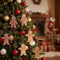 Article Bonhomme en pain d'épices décoratif à suspendre en fibre de bois assortie 8 cm 12 pièces