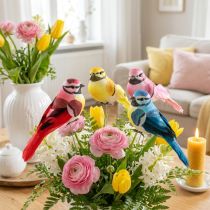 Article Oiseaux déco aux plumes veritables Oiseaux sur fil 6 Couleurs assorties 8×3,5cm 12pc