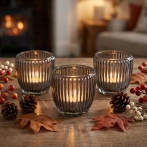 Article Porte-bougies chauffe-plat en verre gris, automne/hiver, Ø 7 cm H 7 cm, lot de 6
