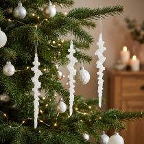 Article Glaçons pailletés à suspendre pour décoration d'hiver, blancs, 24 cm, 4 pièces