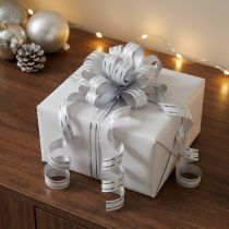Article Ruban frisé, ruban cadeau, ruban à nœud, blanc à rayures argentées, 10 mm, 250 m