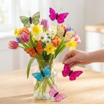 Article Papillons décoratifs sur fil de fer pour décoration de table colorée, 7 cm, lot de 12