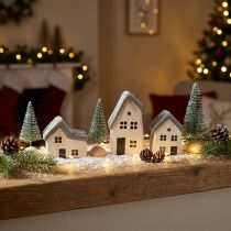 Article Village de Noël maisons en bois sapins verts et blancs 5-8 cm lot de 6