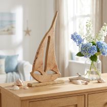 Article Décoration Voilier Bois sur Socle Naturel Maritime H57,5cm