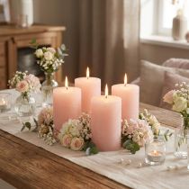 Article Bougies piliers roses unies romantiques, rose clair, 70×80 mm, lot de 4 - Bougies décoratives pour une ambiance chaleureuse