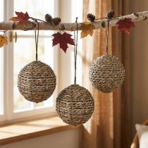 Article Boules décoratives suspendues, boules de paille, grises, Ø15cm, lot de 3