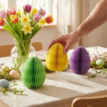 Article Oeufs en nid d'abeille papier de Pâques debout vert jaune violet 20cm 3pcs